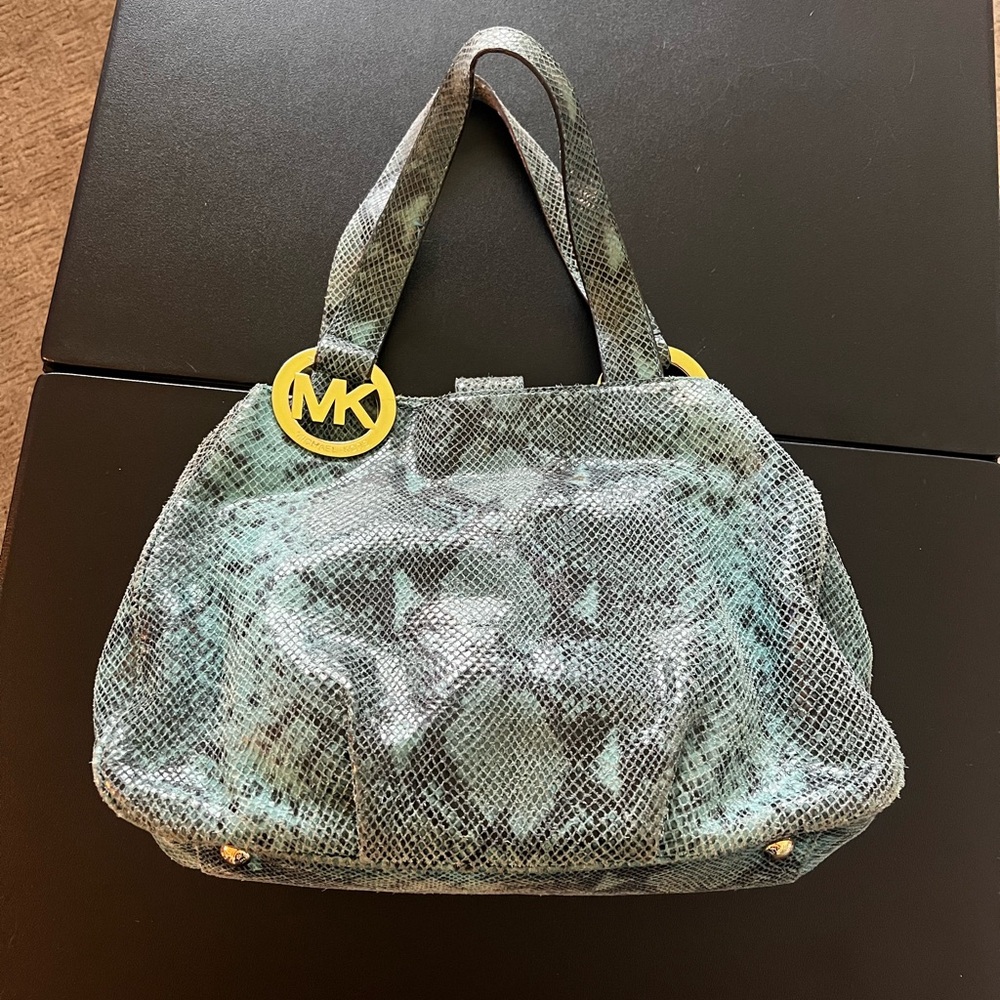 Michael Kors Snake Print Shoulder Bag - Black and Teal with Gold Accents